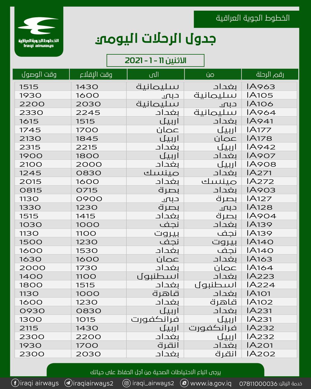 جدول مواعيد رحلات الخطوط الجوية العراقية ليوم غد الاثنين